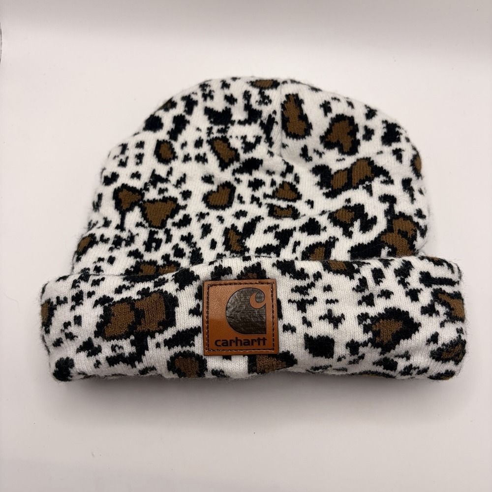 Carhartt Camo Leopard Print Cuffed Knit Beanie Ivory Brown Black One Size